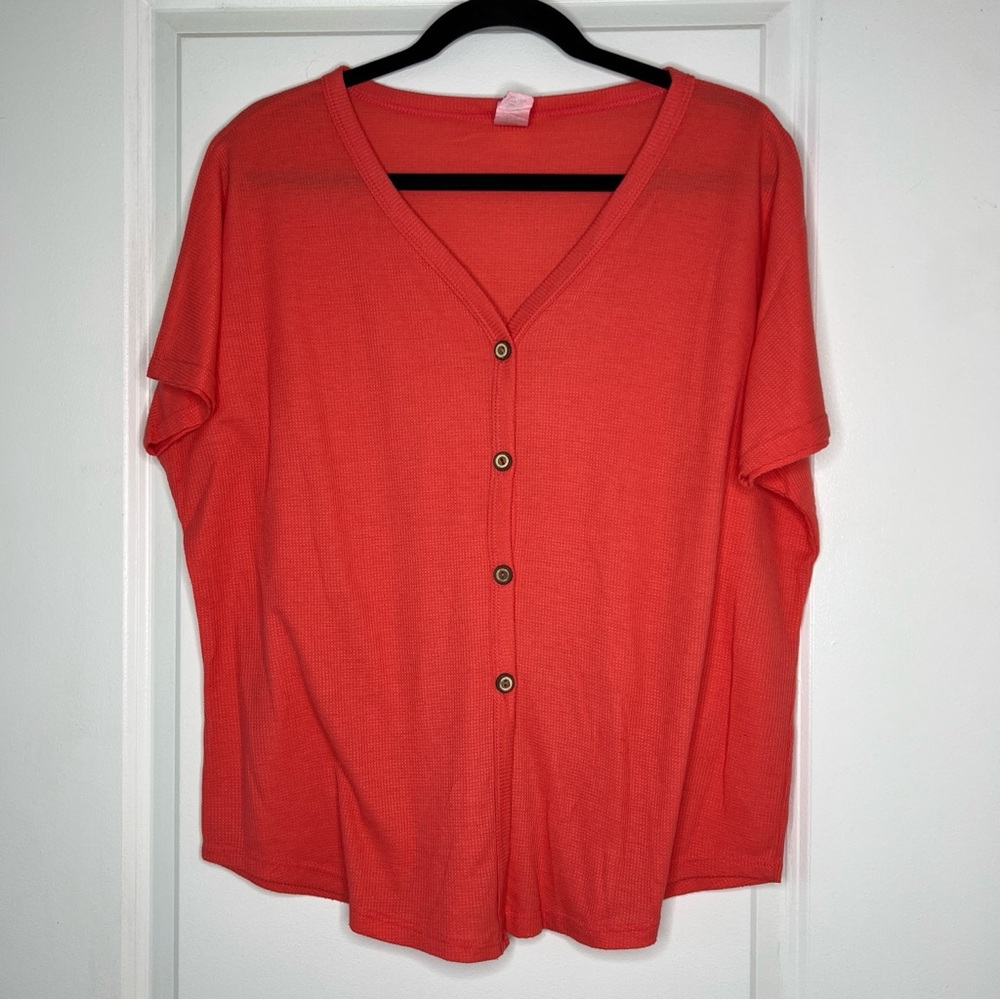 7th Ray Coral Waffle Knit Button Down Top Blouse Size Small Oversize Relaxed Fit